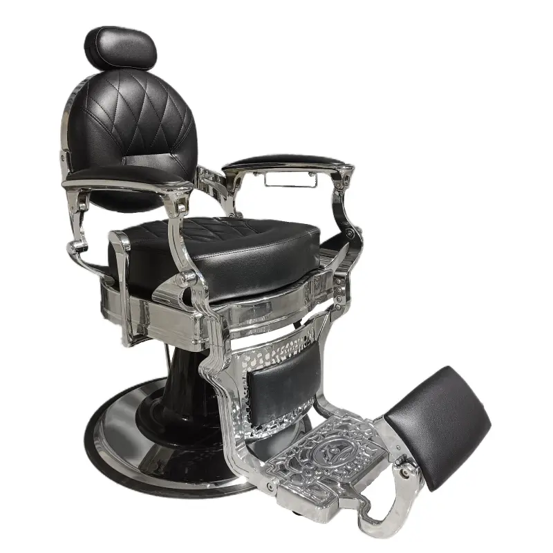 PA101-1R Silver Vintage Barber Chair-Black Cushion